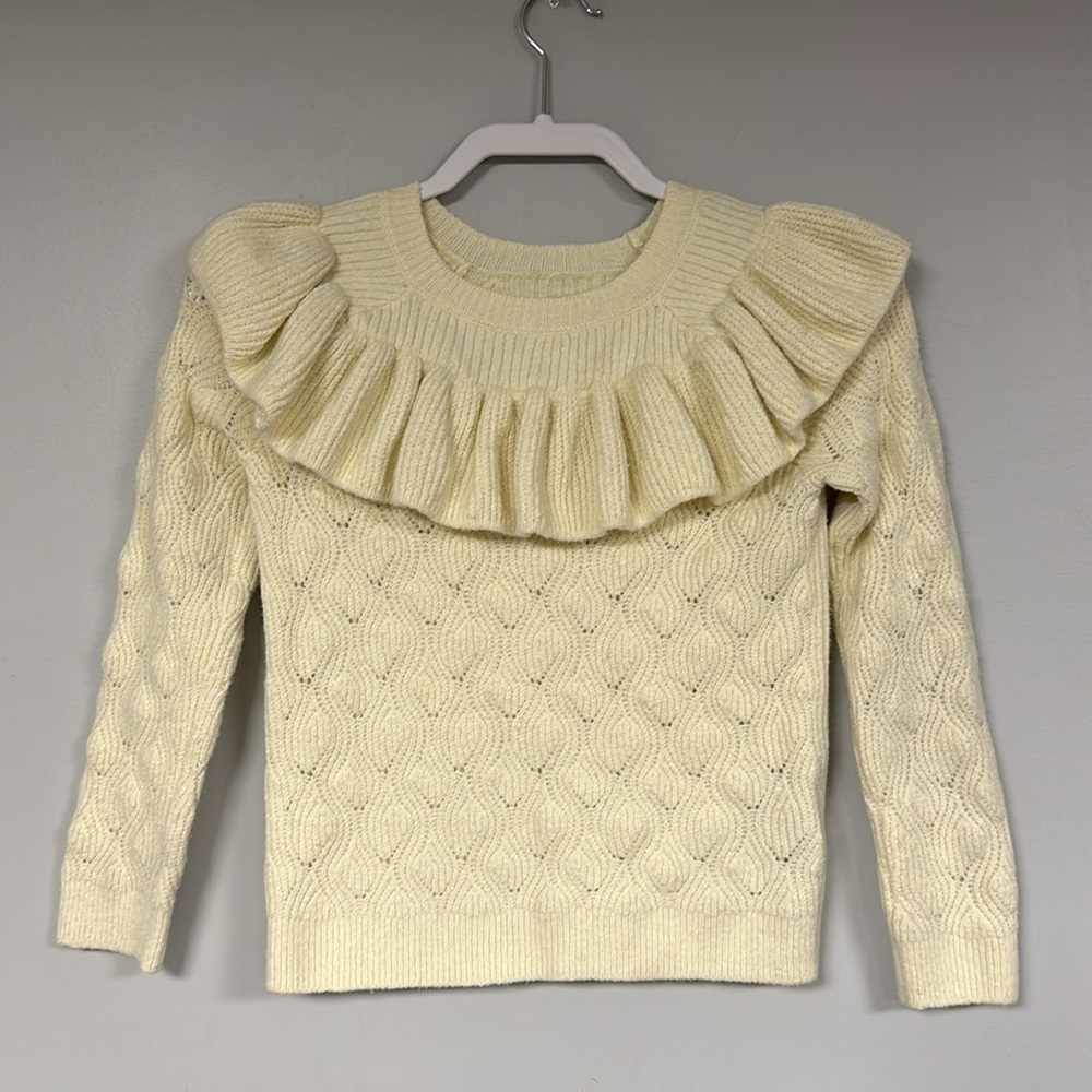 Super Cute Amazon Essentials Cream Girls' ruffle neck sweater, M (8)